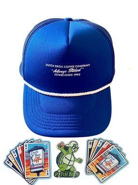 Bundle Dutch Bros Trucker Hat Blue Snap Back & Stickers Coffee Always Stoked